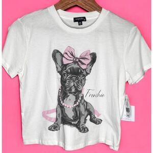 NWT Originality Frenchie Bows Graphic Crop Top Short Sleeve Ivory Women's XS